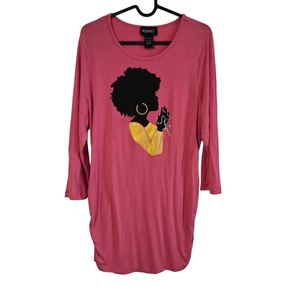 Ashro Women's XL Pink‎ Praying Woman Graphic Tunic Top Ruched Side 3/4 Sleeve